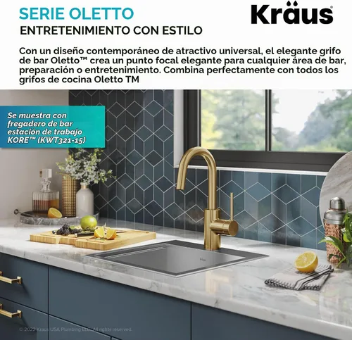 Vista 2 de KRAUS Oletto - Grifo de barra de cocina de un solo mango con ensamble de montaje superior QuickDock en latón cepillado, KPF-2600BB Cobrizo cepillado