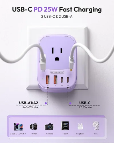Vista 3 de NTONPOWER Adaptador de enchufe de viaje europeo, enchufe plegable tipo C
