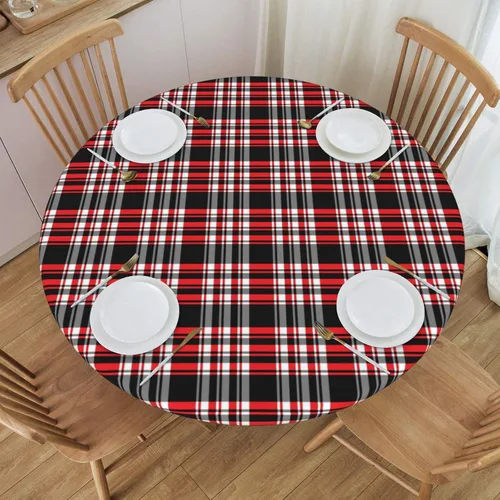 Vista 12 de Fiokroo Mantel con estampado a cuadros blancos y negros con borde elástico, mantel redondo de ajedrez, lavable, reutilizable, para cocina, comedor