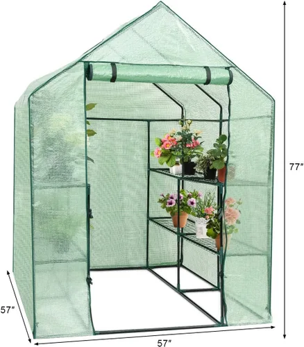 Vista 5 de Happygrill Invernadero para caminar, invernadero potable con puerta enrollable con cremallera, cubierta de polietileno y 3 niveles, 12 estantes