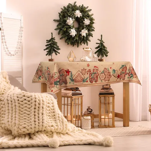Vista 5 de Ganeen Manteles de Navidad de pan de jengibre de 52 x 70 pulgadas, mantel rectangular de arpillera de Navidad, mantel de tela de pan de jengibre