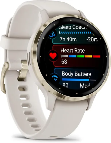 Vista 2 de Garmin Venu 3S Advanced Fitness and Health Tracker Smartwatch - Reloj inteligente de acero inoxidable dorado suave con caja marfil y banda