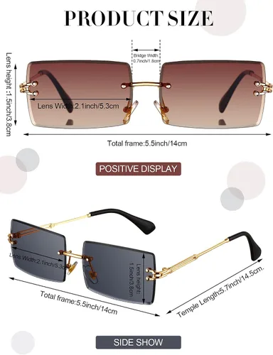 Vista 3 de Weewooday 8 pares de lentes de sol rectangulares sin montura vintage con lente tintada metal dorado sin marco lentes de sol para mujeres y hombres