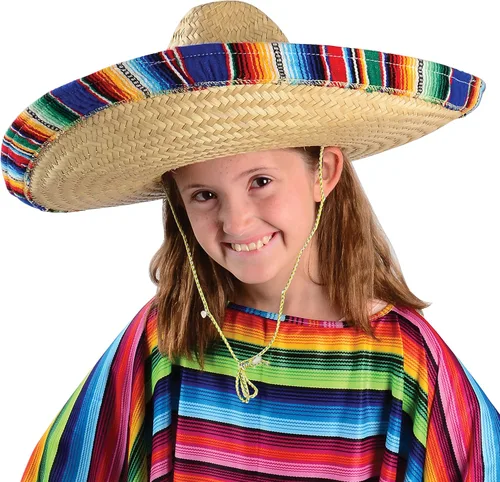 Vista 7 de GiftExpress Sombrero mexicano para adultos con ribete de serape, 21 pulgadas de ancho auténtico sombrero para Cinco de Mayo, sombrero de paja