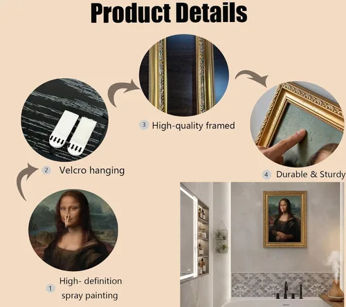 Vista 6 de Pintura clásica de Mona Lisa enmarcada en oro, arte de pared de baño, póster divertido de humor divertido para baño, impresión en lienzo de baño