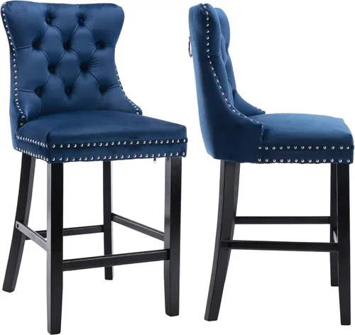 Vista 25 de Taburetes de bar tapizados de terciopelo modernos de 27 pulgadas con patas de madera, botón con cabeza de clavo cromada, taburetes de bar con Beige
