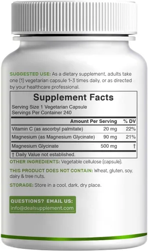 Vista 6 de Deal Supplement Glicinato de magnesio 500 mg, 240 cápsulas vegetales 100% quelado para una fácil absorción Suplemento mineral esencial Sin