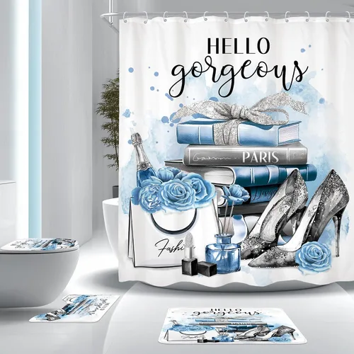 Vista 9 de Juego de cortina de ducha de baño de 4 piezas de perfume de libros de moda A1-rosa Negro Blanco