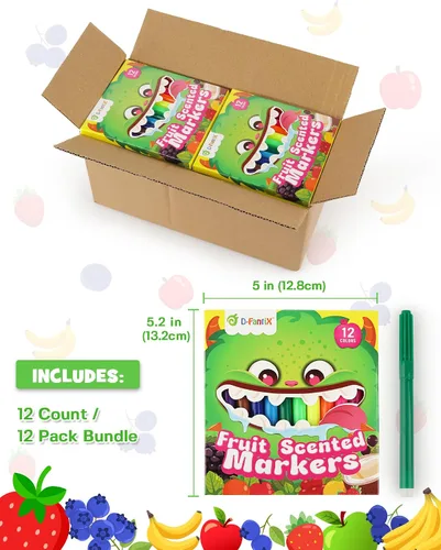 Vista 2 de D-FantiX 12 Packs Fruit Scented Washable Markers for Kids Toddlers, 144 Count Coloring Markers Set, Bulk Art Supplies, Back to School Supplies