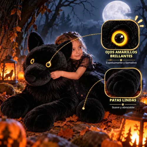 Vista 5 de MaoGoLan Peluche de lobo negro, lobo gigante de peluche para niños, 47 Almohada grande y realista de lobo coyote, extra suave, decoración