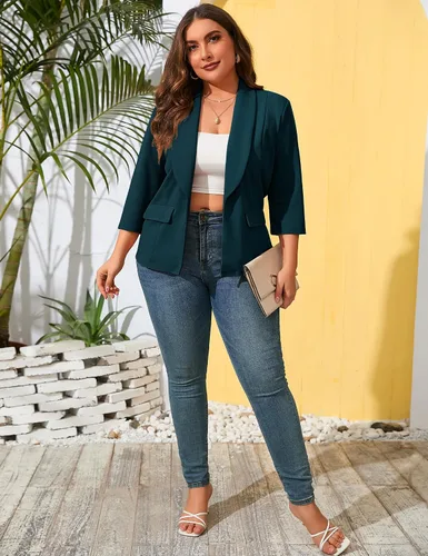 Vista 6 de ShopWonder Blazer casual con bolsillos para mujer, talla grande, para oficina, frente abierto, manga 34, cárdigans, chaqueta de trabajo