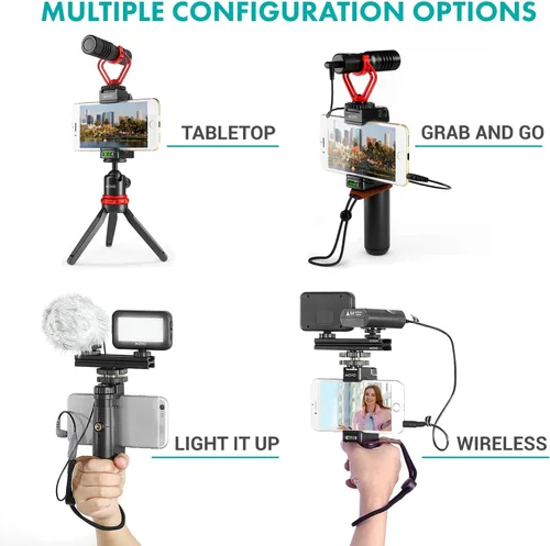 Vista 2 de Movo V8 - Kit de vlogging para iPhone con trípode, agarre, micrófonos, luces LED y vlog remoto inalámbrico, paquete de inicio de YouTube para Apple