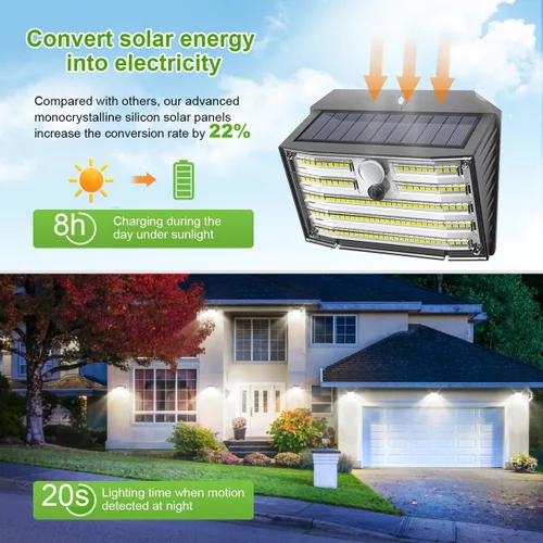 Vista 3 de CLAONER Luces solares para exteriores [126 LED], luces inalámbricas con sensor de movimiento, luces de seguridad impermeables IP65, 3 modos, ángulo