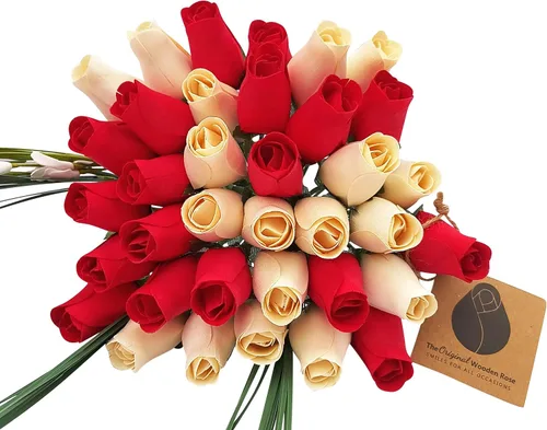 Vista 15 de Ramos originales de rosas de madera en 1, 2, o 3 docenas, Madera de abedul, Todo rojo, 1 Docena