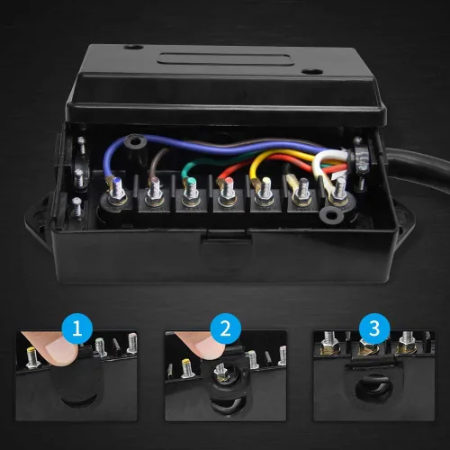 Vista 3 de Enchufe de remolque de 7 vías, cable de remolque en línea resistente de 8 pies con caja de conexiones de cableado de 7 cuadras, resistente a