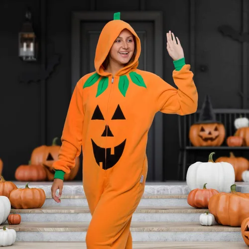 Vista 2 de Slim Pumpkin Adult Onesie - Jack O Lantern Halloween Costume - One Piece Cosplay Suit for Adults, Women and Men FUNZIEZ!