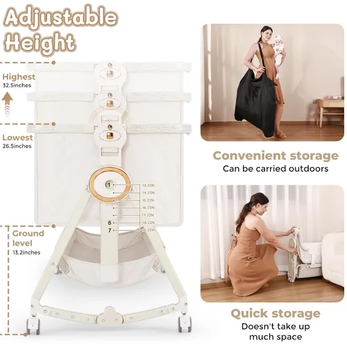 Vista 4 de Moisés para Bebé 5 en 1, Moisés de Bebé junto a la Cama con Mesa de Pañales, Mosquitera, Colchón, Capa de Almacenamiento, Se Puede Guardar en Cuna