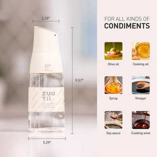 Vista 3 de Dispensador de Aceite de Oliva Zuutii, Envase de Aceite sin Goteo para Cocina. Dispensador de Vinagre, Botella de Vidrio para Cocina, 500ML, Crema