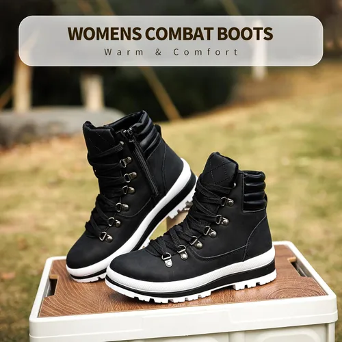 Vista 9 de hash bubbie Botas de combate para mujer, botas de plataforma negras, antideslizantes, impermeables, botas de tobillo para otoño e invierno, botas
