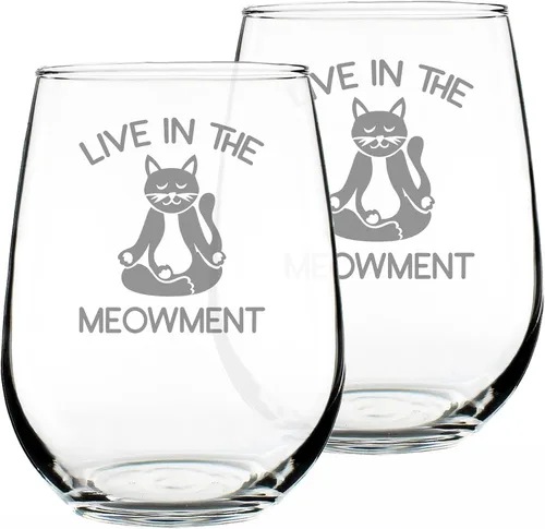 Vista 5 de Custom Live In The Meowment - Personalized Stemless Wine Glass - Funny Cat Gifts and Meditation Themed Decor - Large 17 Oz Glasses - Customized Wine