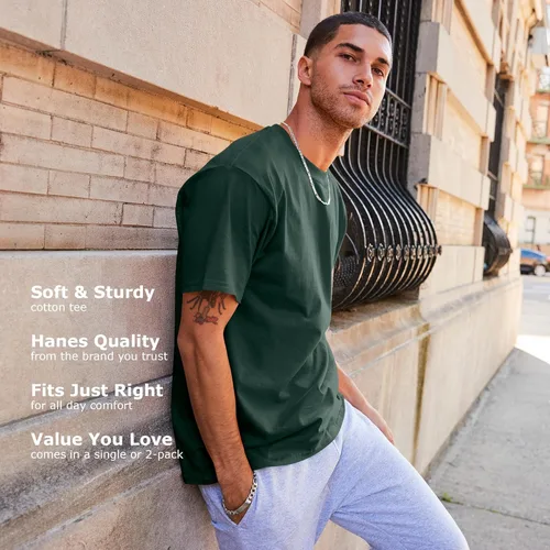 Vista 5 de Hanes Beefy-T Camiseta para hombre, camiseta de algodón pesado, paquete de 1 o 2, tallas grandes y altas disponibles