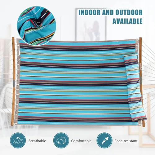 Vista 8 de Giantex Hamaca con almohada desmontable para colgar al aire libre, hamaca de patio con barra separadora de bambú curvada, cadena de acero, hamacas
