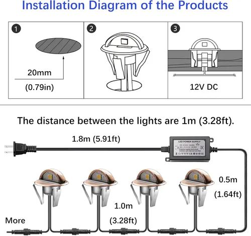 Vista 3 de Kit de luces LED para exteriores, Φ1.38 pulgadas, blanco cálido, paquete de 10 unidades, bronce, bajo voltaje, 12 V CC, IP65, impermeable