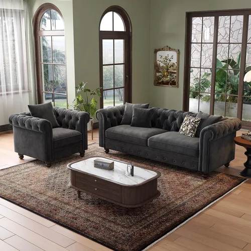 Vista 6 de ONBRILL Sofá Chesterfield de 82 pulgadas, sofá de terciopelo de 23 pulgadas de profundidad para sala de estar, sofá capitoné con botones con brazos