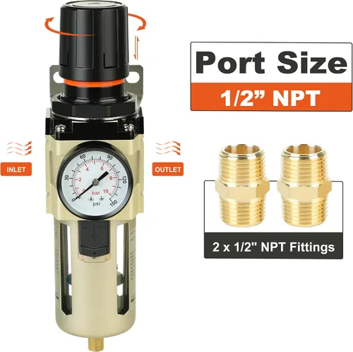 Vista 11 de Hromee Combo de regulador de filtro comprimido de 1/2 pulgada, compresor de aire, separador de trampa de aceite de agua con manómetro, drenaje