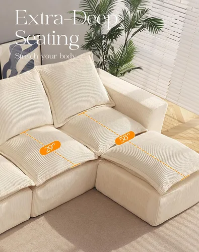 Vista 5 de Cómodo sofá Cloud de 107" con chaise en forma de L y asiento profundo, sofá seccional modular en una caja, sofás tapizados sin estructura para sala