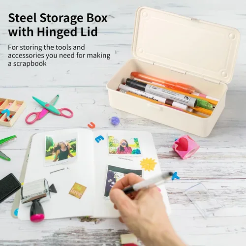 Vista 2 de OMISTAR Caja de almacenamiento de acero con tapa con bisagras, contenedor de metal para sellos de álbumes de recortes, caja de herramientas de metal