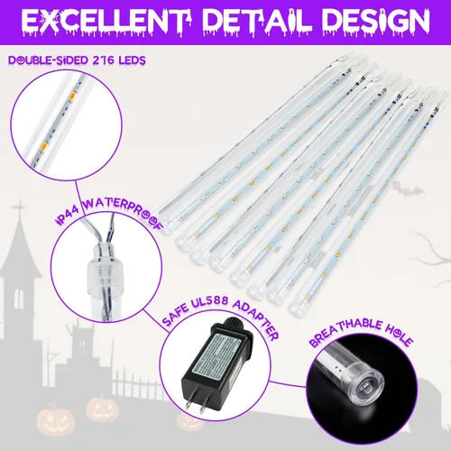 Vista 5 de Paquete de 2 luces de Halloween para exteriores, 16 tubos y 384 luces LED de lluvia de meteoritos Extendable, Timer, Waterproof Halloween String