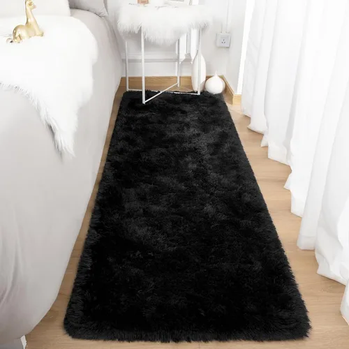 Vista 2 de Terrug Alfombra Corredor Negra Esponjosa para Dormitorio, 2x6 Pies Lindas Alfombras de Área de Pelo Largo para Pasillo, Alfombra de Felpa Suave