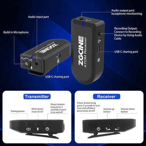 Vista 5 de ZGCINE Sistema de micrófono Lavalier inalámbrico de 2.4 GHz, micrófono de grabación omnidireccional, teléfono inteligente, cámara, vlogging, en vivo