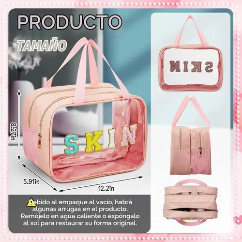 Vista 3 de Geetery Bolsa de maquillaje transparente de doble capa con parche de letras de chenilla, con asa práctica, organizador de cosméticos de nailon y PVC