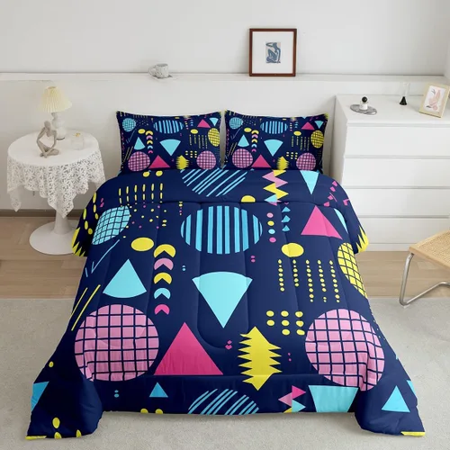 Vista 22 de Juego de edredón de estilo retro de los años 80, juego de ropa de cama de patrón geométrico abstracto, diseño urbano moderno con círculos