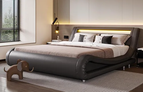 Vista 9 de SHA CERLIN - Marco de cama de tamaño matrimonial con cabecera LED tapizada moderna, color negro Low Profile Sleigh Design, Adjustable Headboard
