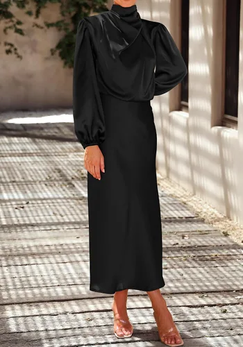 Vista 5 de BTFBM Vestido de satén con cuello alto falso para mujer, para primavera y verano, manga larga, ligero, formal, para boda, fiesta, maxi vestidos