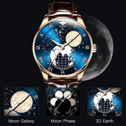 Vista 5 de OUPINKE Watches for Men Leather Automatic Moon Phases Japanese Movement Starry Mechanical Waterproof Business