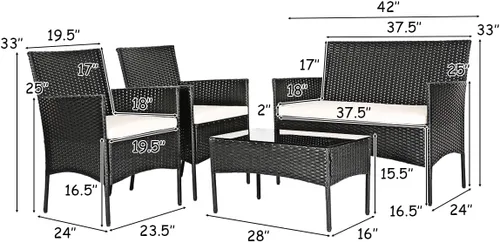 Vista 7 de Juego de muebles de patio de 4 piezas, juego de conversación al aire libre con respaldo ergonómico curvo, juego de sillas de patio con cojín