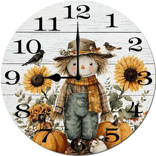 Vista 6 de Preciosas calabazas espantapájaros con hojas de otoño, reloj de cosecha de Hello Fall para sala de estar, reloj de pared redondo de 10 pulgadas