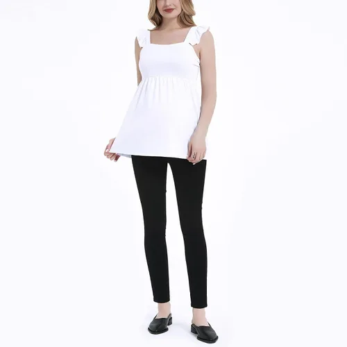 Vista 4 de DEBELLY Camiseta de maternidad para mujer, cuello cuadrado, tirantes con volantes, sin mangas, para embarazo, linda blusa tipo babydoll de verano