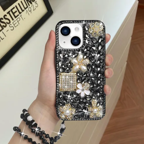 Vista 4 de Losin Funda compatible con iPhone 15 con correa de cordón, diamantes de imitación de cristal 3D de lujo para mujeres y niñas, funda brillante