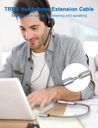 Vista 2 de Cable de extensión de auriculares de 3 pies/3.3 ft, TRRS de 0.138 in, cable de audio macho a hembra, cable de extensión AUX de nailon trenzado