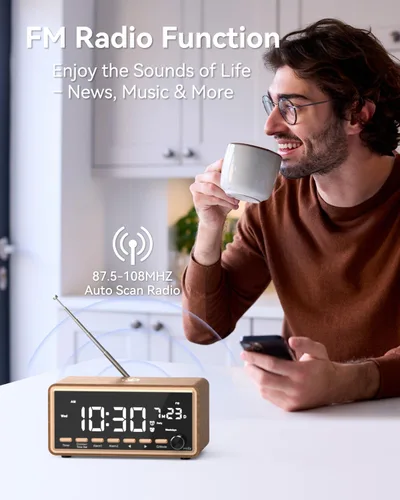 Vista 4 de Radio despertador digital para dormitorios, radio FM y máquina de sonido de ruido blanco con temporizador, altavoz Bluetooth, reloj despertador dual