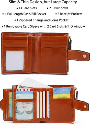 Vista 2 de AINIMOER - Cartera de piel con bloqueo RFID para mujer, tamaño pequeño, compacta, doble zíper, con ventana para identificación