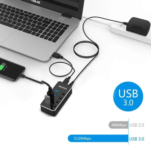 Vista 2 de Concentrador USB alimentado RSHTECH de 4 puertos USB C a USB 3.0, expansor de concentrador de aluminio portátil USB 3.0 con adaptador de CA de 5 V e