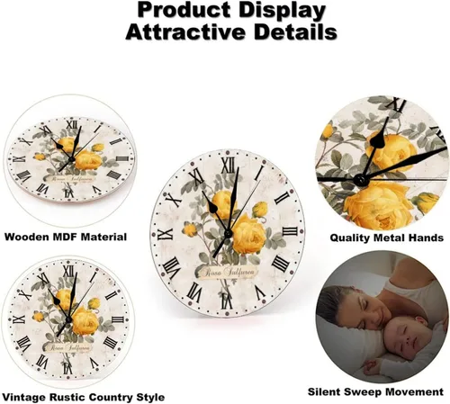 Vista 5 de Reloj de pared silencioso de 10 pulgadas con diseño floral de amistad, con rosas amarillas, funciona con pilas, para dormitorio, para escuela