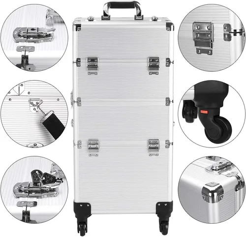 Vista 4 de Flandre Estuche de aluminio 3 en 1, organizador de cosméticos de belleza, caja de viaje de maquillaje, caja de tren con ruedas, bandejas plegables