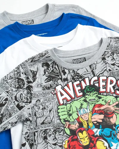 Vista 2 de Marvel Paquete de 4 camisetas de Avengers para niños, Spider-Man, Hulk, Capitán América, Iron Man, Thor (3T-16)